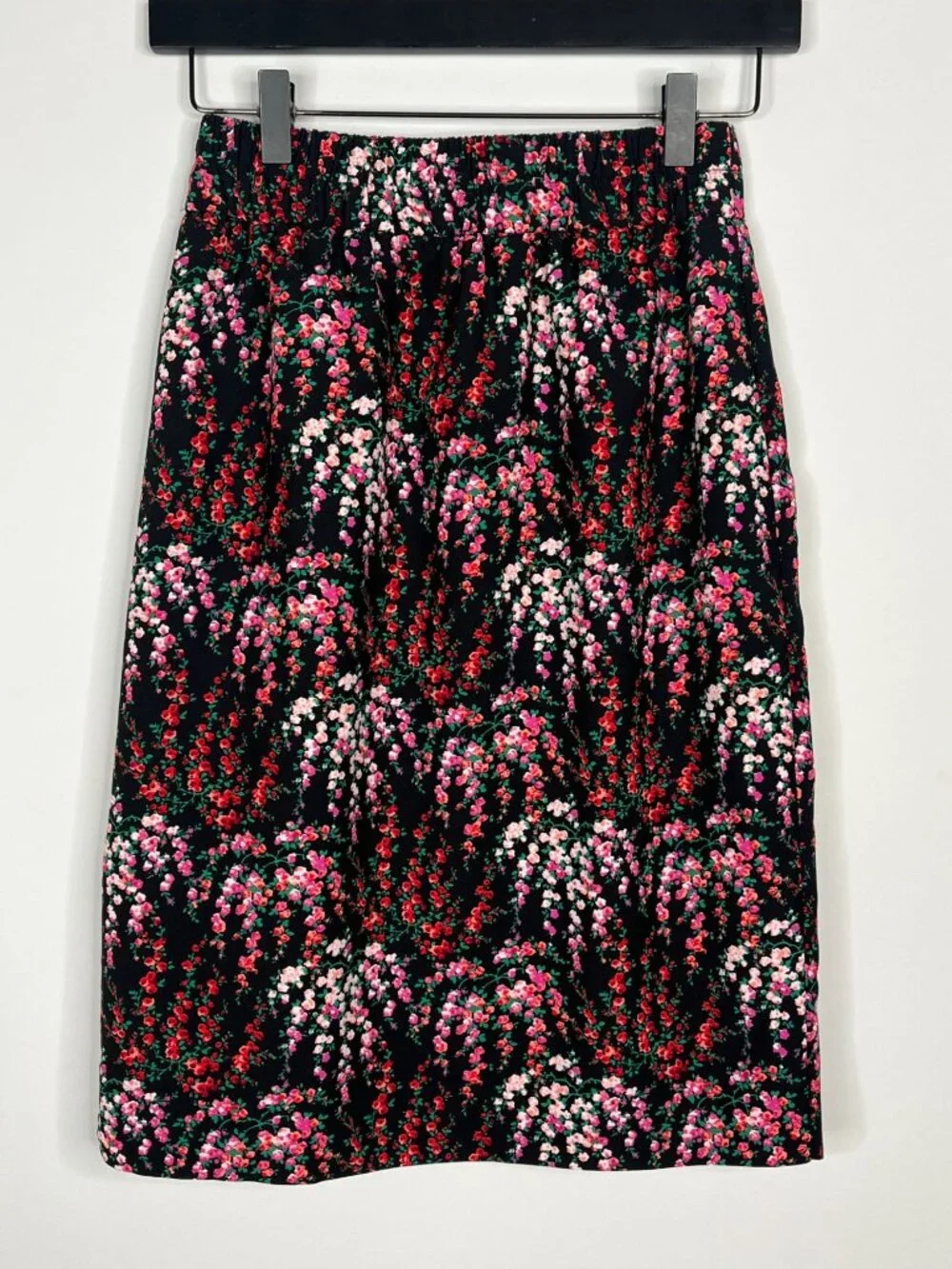 J Crew Floral Midi Skirt Womens XSP Black Pink Pull On Petite Casual